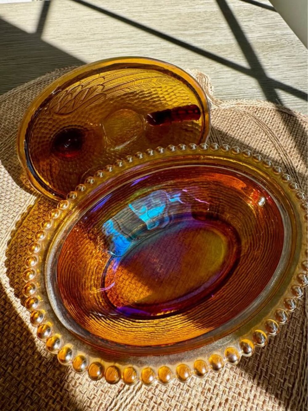 Vintage Indiana Glass Amber Carnival Iridescent Hen on Nest – 7” - Picture 3 of 4